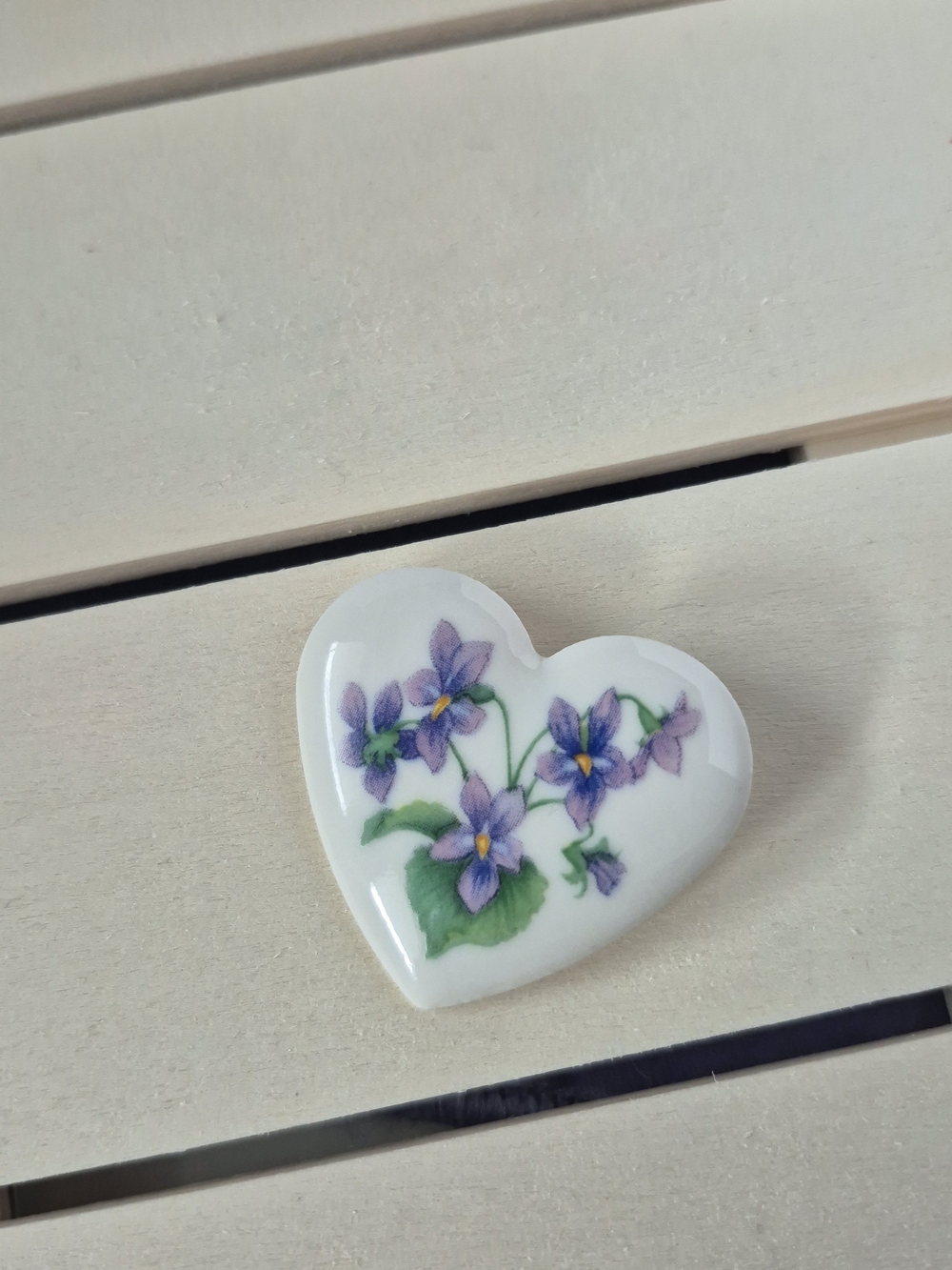 White Heart porcelain brooch with Purple Floral Design Svon signed